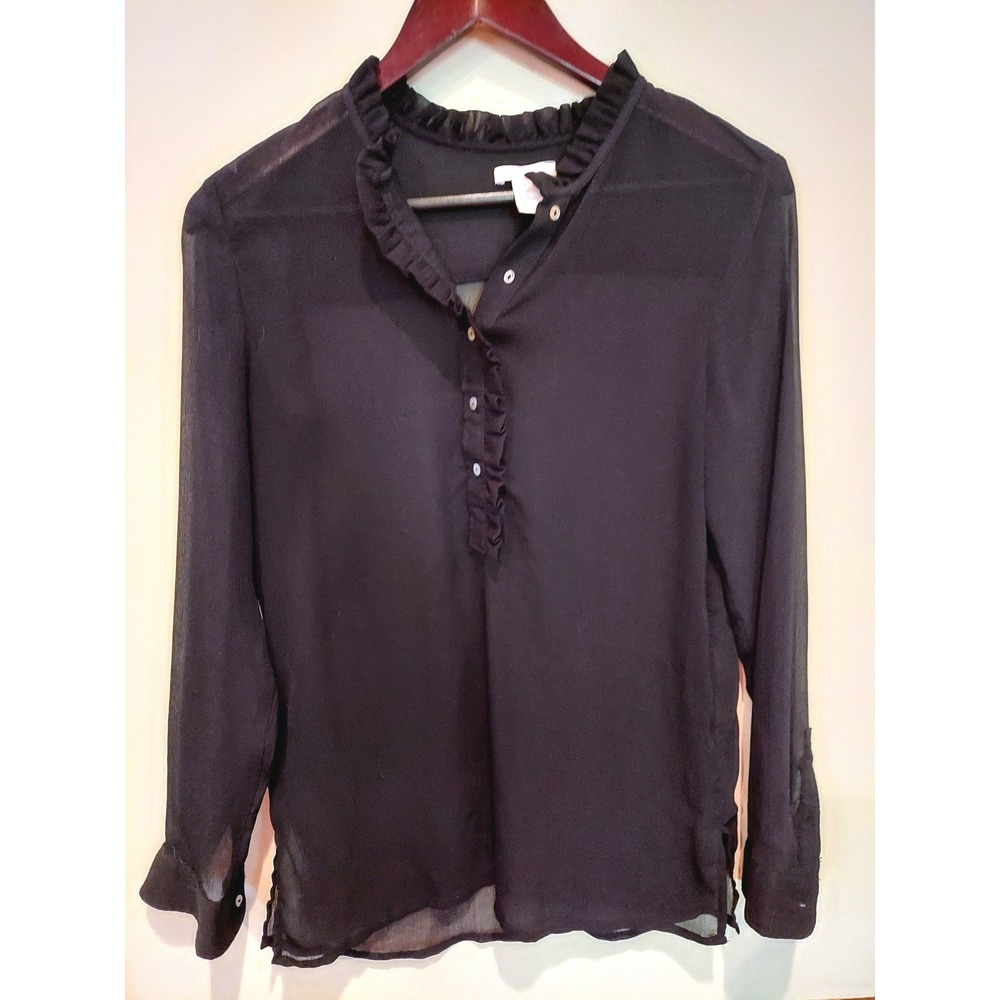 HM‎ Black Sheer Ruffle Collar Long Sleeve Blouse Cutout Back Size 6
